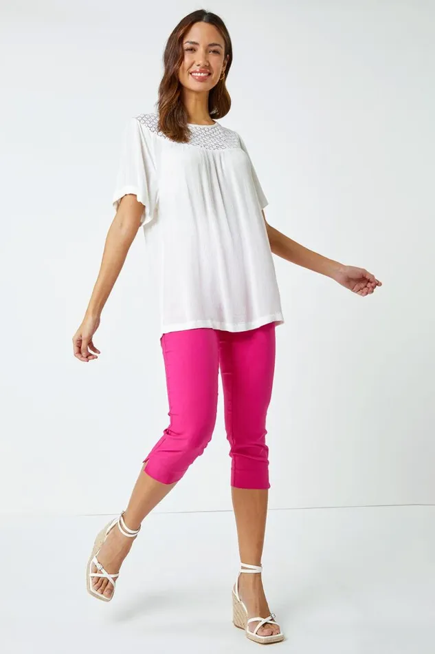 Pink Elastic Waist Stretch Cropped Trousers Women Roman Trousers