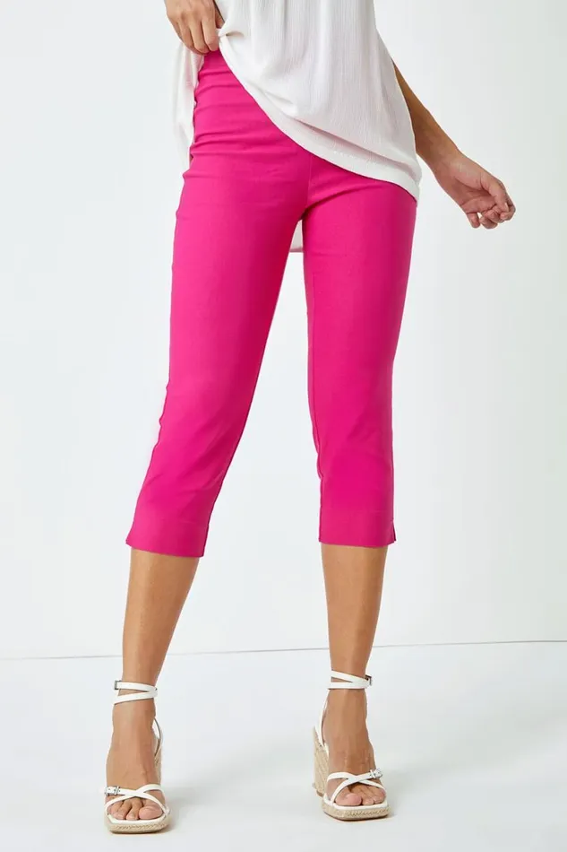 Pink Elastic Waist Stretch Cropped Trousers Women Roman Trousers