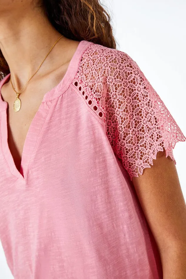 Pink Embroidered Sleeve VNeck Jersey TShirt Women Roman Tops