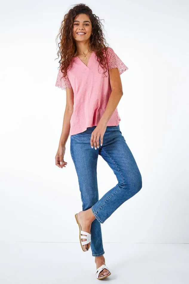 Pink Embroidered Sleeve VNeck Jersey TShirt Women Roman Tops