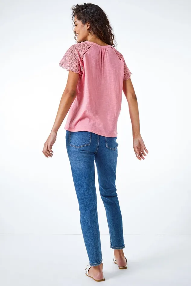 Pink Embroidered Sleeve VNeck Jersey TShirt Women Roman Tops
