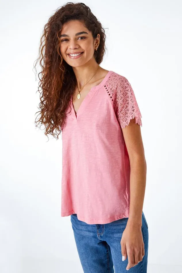 Pink Embroidered Sleeve VNeck Jersey TShirt Women Roman Tops
