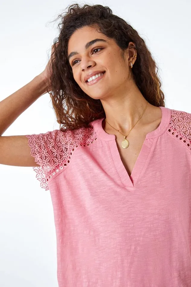 Pink Embroidered Sleeve VNeck Jersey TShirt Women Roman Tops