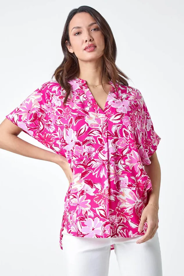 Pink Floral Print VNeck Pleat Front Overshirt Women Roman Tops