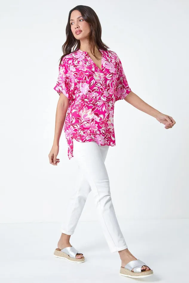 Pink Floral Print VNeck Pleat Front Overshirt Women Roman Tops