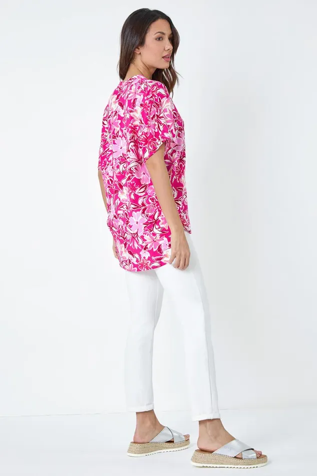 Pink Floral Print VNeck Pleat Front Overshirt Women Roman Tops