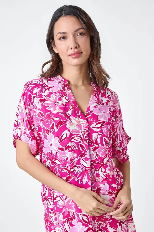 Pink Floral Print VNeck Pleat Front Overshirt Women Roman Tops