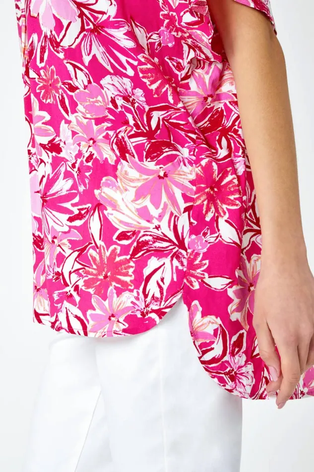 Pink Floral Print VNeck Pleat Front Overshirt Women Roman Tops