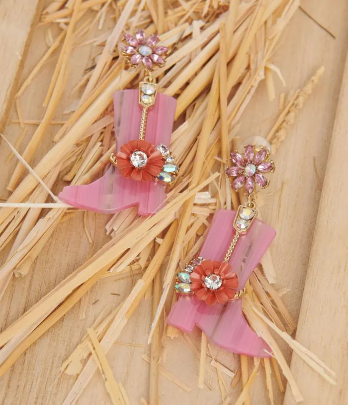 Pink Floral Rhinestone Cowboy Boot Earrings Accessories Unique Vintage Earrings