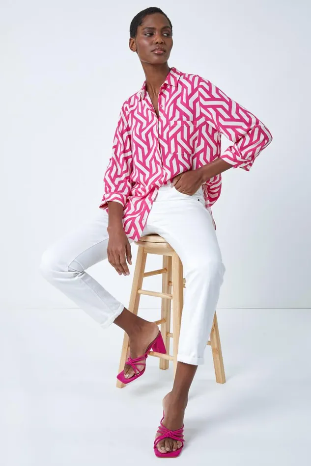 Pink Geometric Print Longline Shirt Women Roman Tops