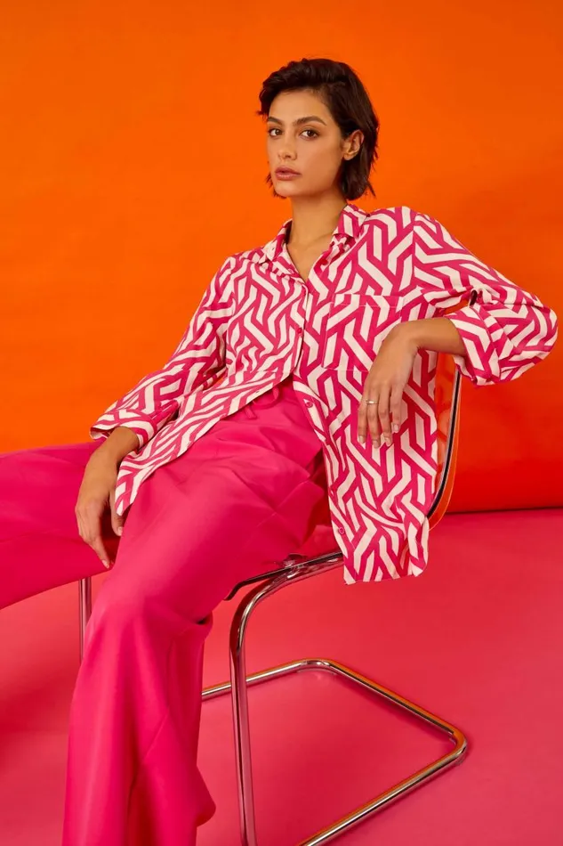 Pink Geometric Print Longline Shirt Women Roman Tops