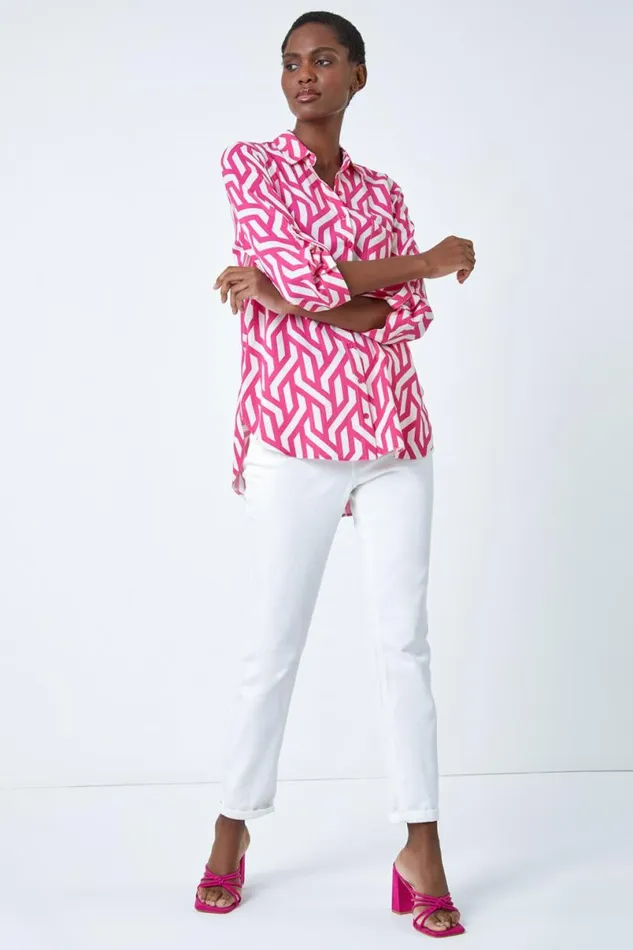 Pink Geometric Print Longline Shirt Women Roman Tops