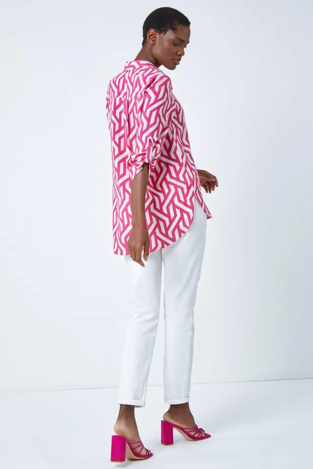 Pink Geometric Print Longline Shirt Women Roman Tops