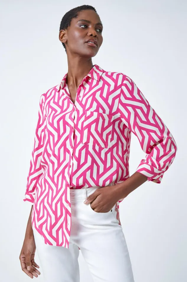 Pink Geometric Print Longline Shirt Women Roman Tops