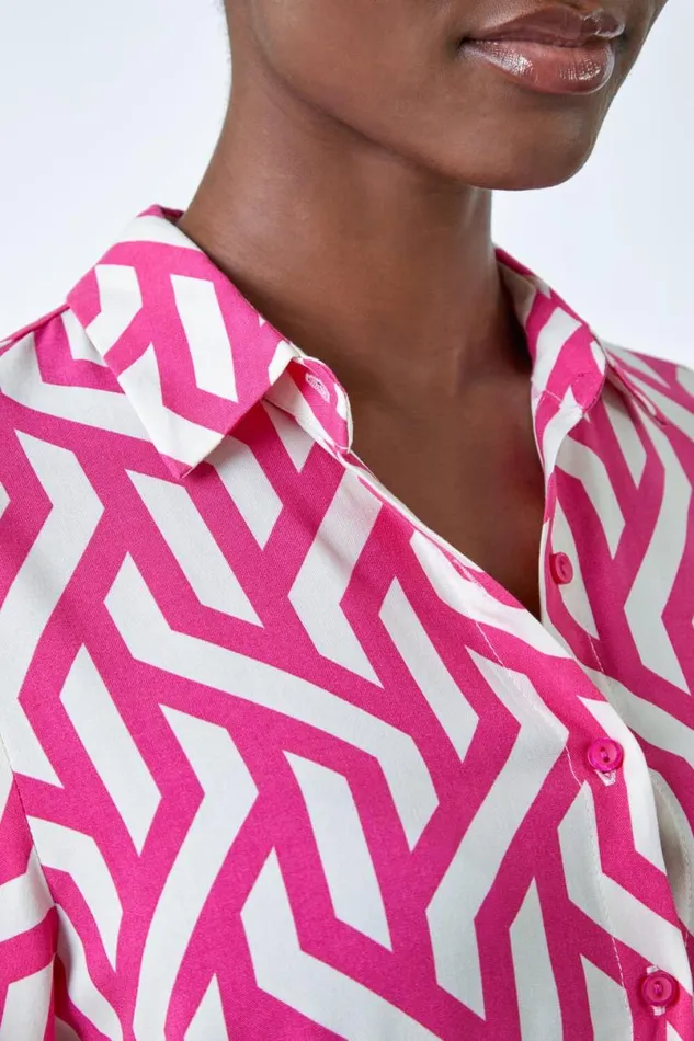 Pink Geometric Print Longline Shirt Women Roman Tops