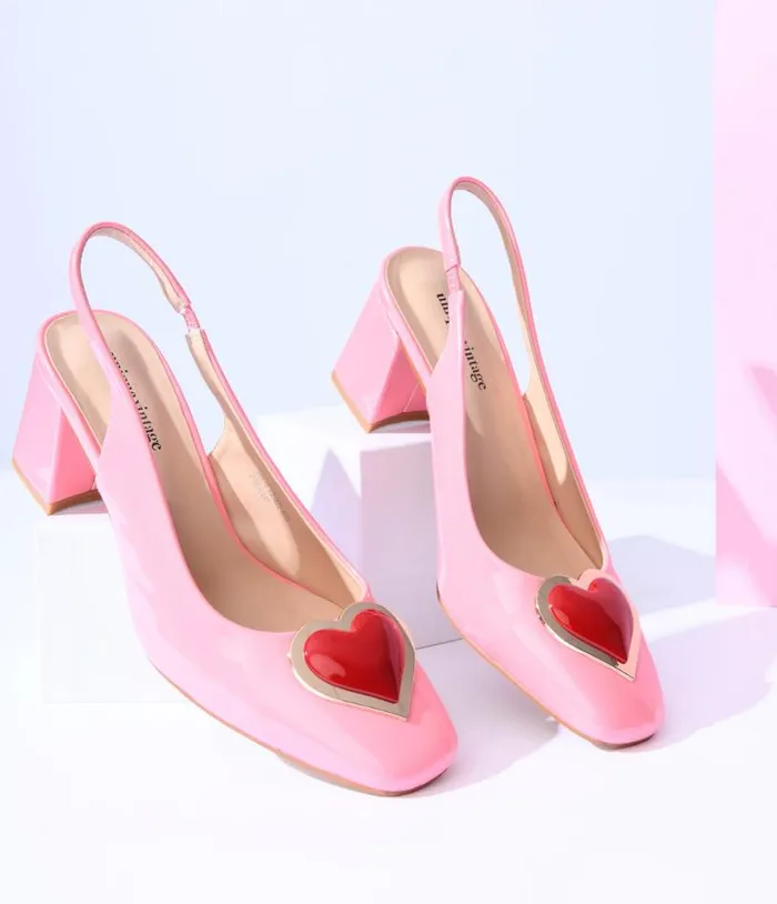Pink Heart Leatherette Slingback Heels Shoes Unique Vintage Heels