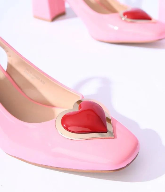 Pink Heart Leatherette Slingback Heels Shoes Unique Vintage Heels