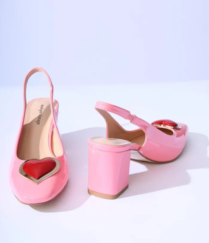 Pink Heart Leatherette Slingback Heels Shoes Unique Vintage Heels