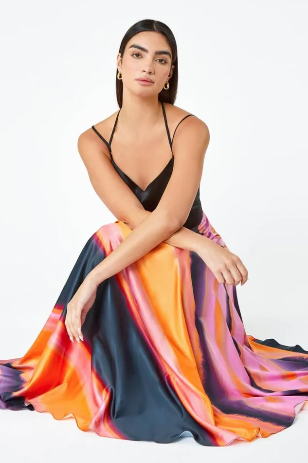 Pink Luxe Colourblock Fit and Flare Maxi Dress Women Roman Dresses