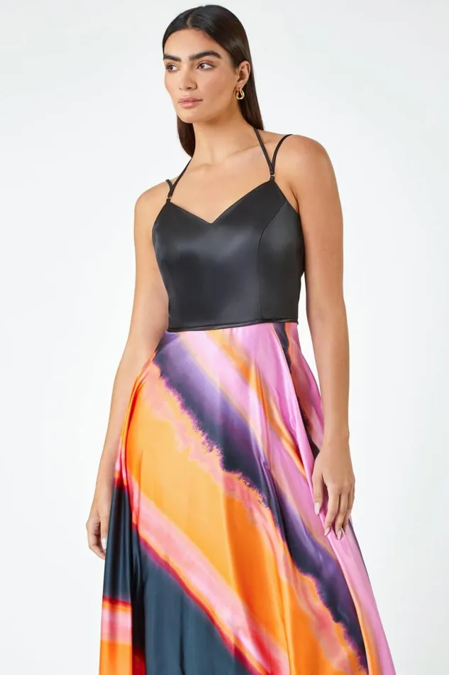 Pink Luxe Colourblock Fit and Flare Maxi Dress Women Roman Dresses