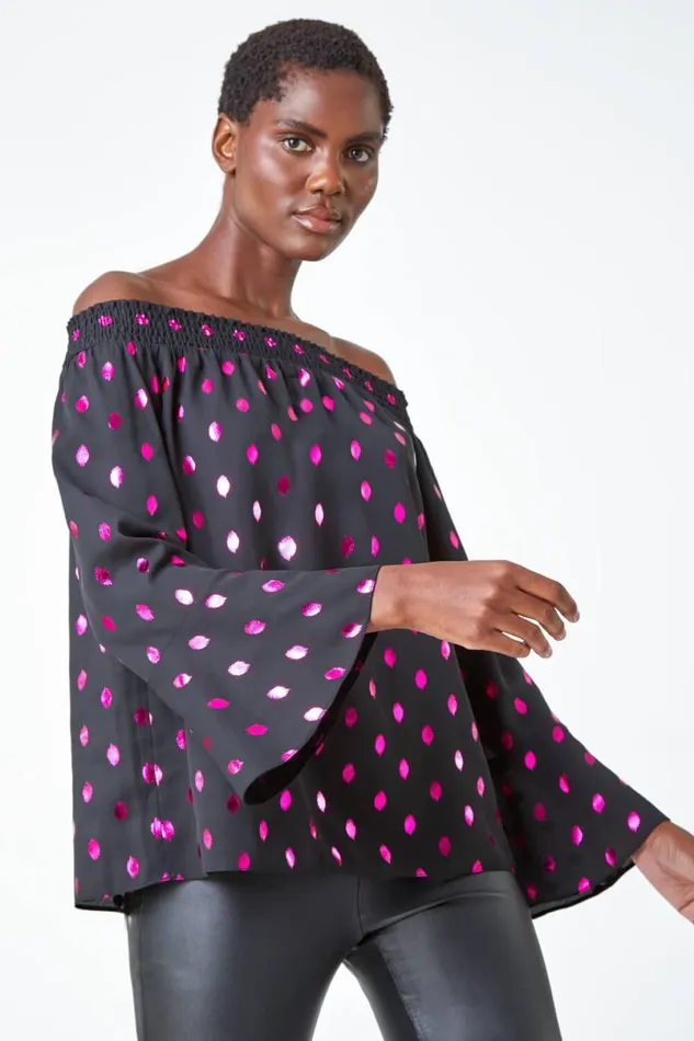 Pink Metallic Polka Dot Print Bardot Top Women Roman Tops