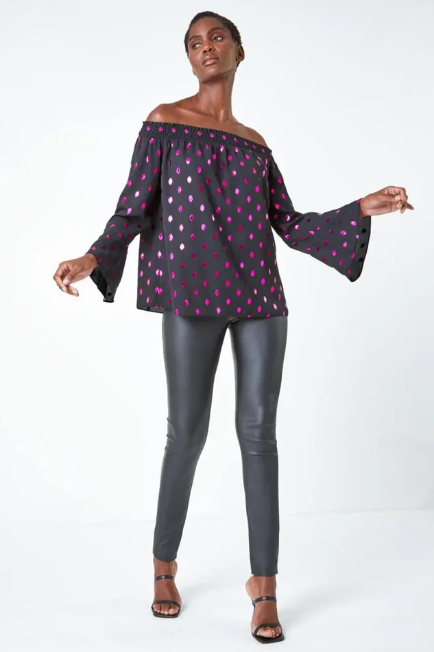 Pink Metallic Polka Dot Print Bardot Top Women Roman Tops