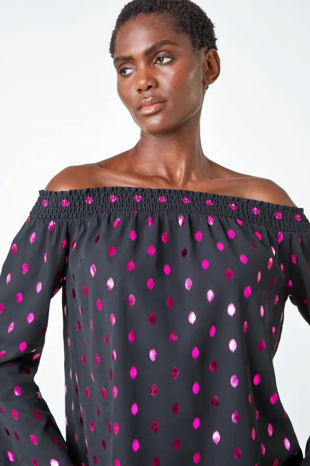 Pink Metallic Polka Dot Print Bardot Top Women Roman Tops