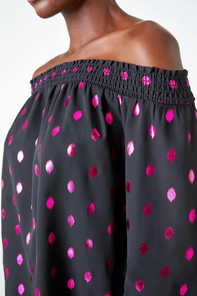 Pink Metallic Polka Dot Print Bardot Top Women Roman Tops