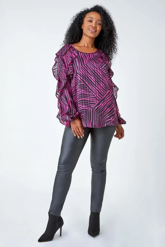 Pink Petite Abstract Print Frill Detail Top Women Roman Tops