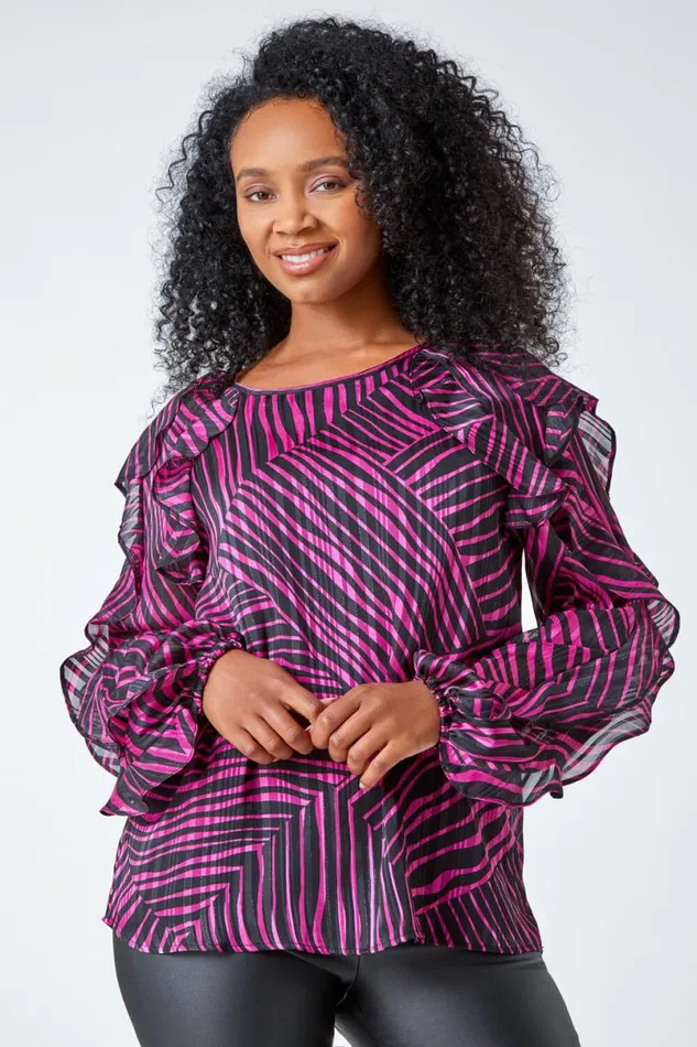 Pink Petite Abstract Print Frill Detail Top Women Roman Tops