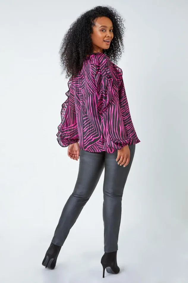 Pink Petite Abstract Print Frill Detail Top Women Roman Tops