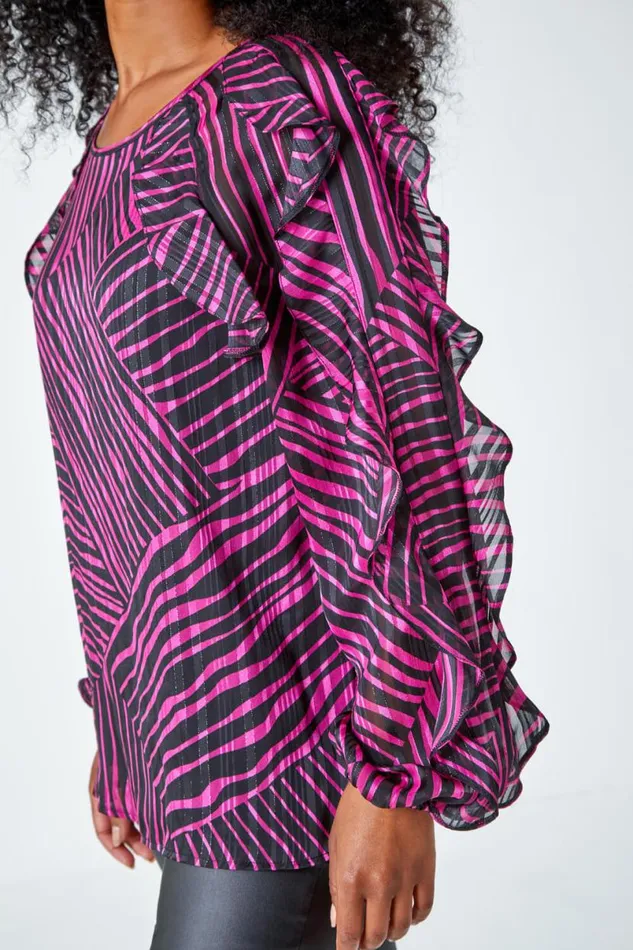 Pink Petite Abstract Print Frill Detail Top Women Roman Tops