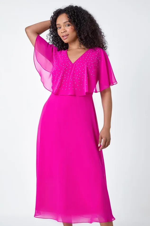 Pink Petite Embellished Chiffon Midi Cape Dress Women Roman Dresses