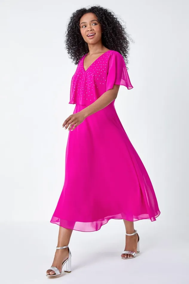 Pink Petite Embellished Chiffon Midi Cape Dress Women Roman Dresses