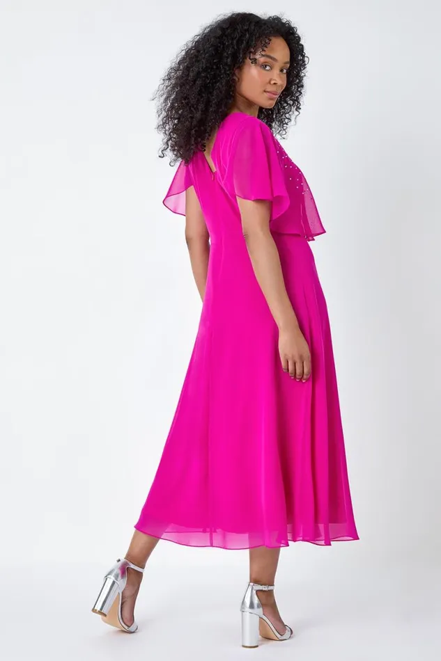 Pink Petite Embellished Chiffon Midi Cape Dress Women Roman Dresses