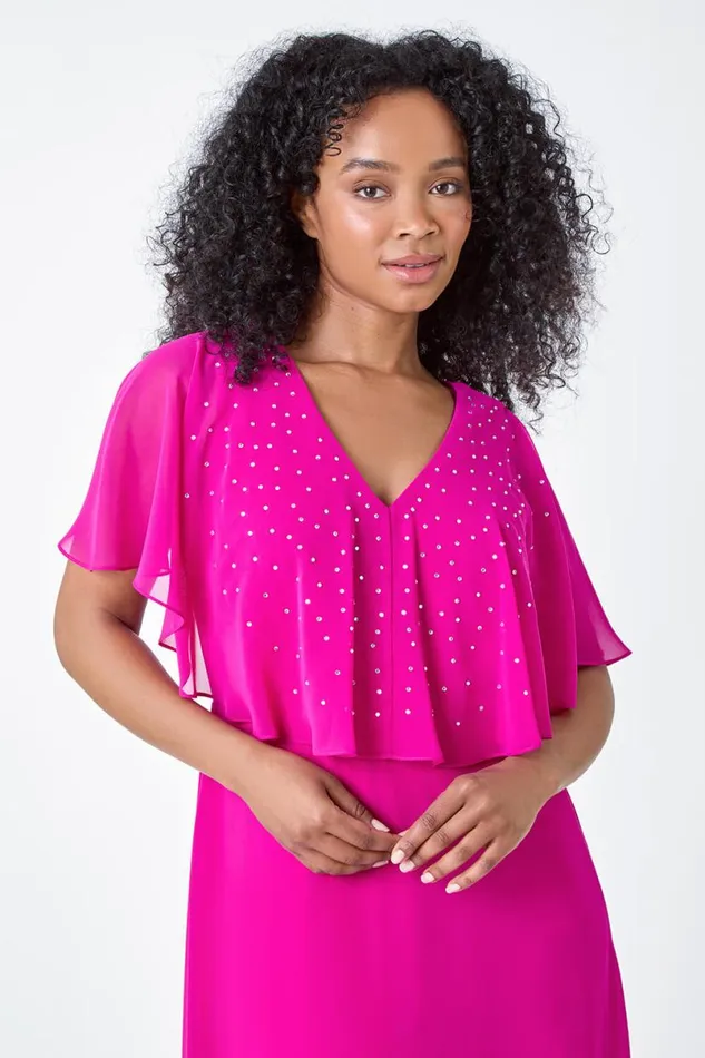 Pink Petite Embellished Chiffon Midi Cape Dress Women Roman Dresses