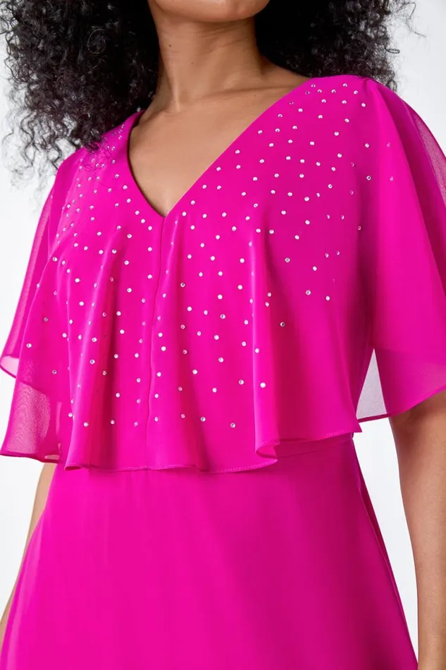 Pink Petite Embellished Chiffon Midi Cape Dress Women Roman Dresses