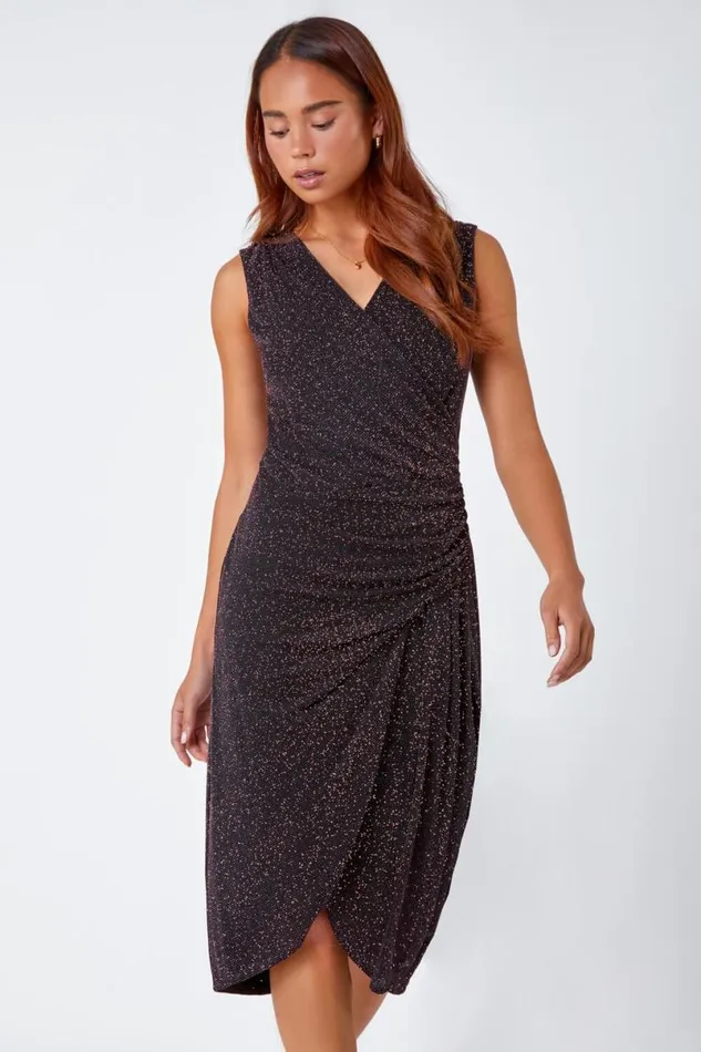 Pink Petite Ruched Wrap Stretch Dress Women Roman Dresses
