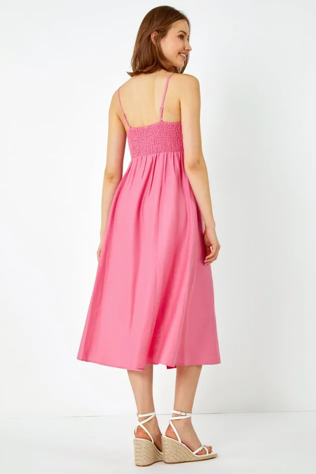 Pink Sleeveless Gathered Midi Dress Women Roman Dresses