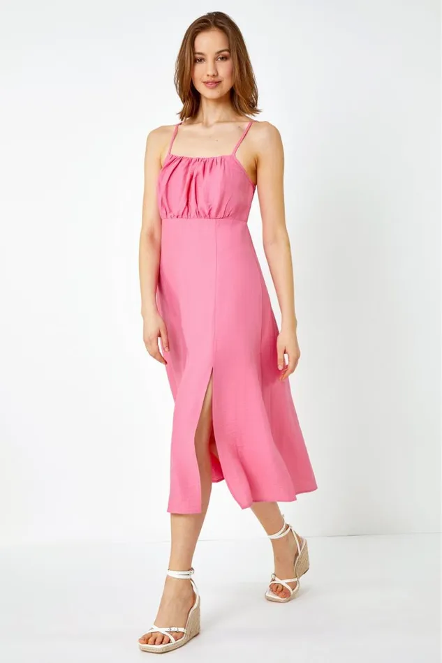 Pink Sleeveless Gathered Midi Dress Women Roman Dresses