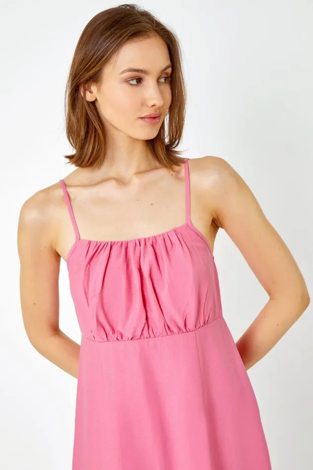 Pink Sleeveless Gathered Midi Dress Women Roman Dresses