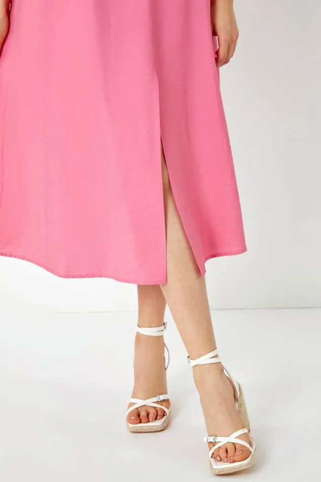 Pink Sleeveless Gathered Midi Dress Women Roman Dresses