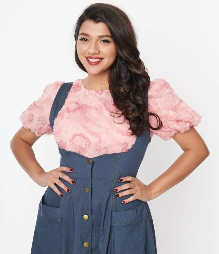 Pink Textured Floral Puff Sleeve Blouse ClothingPlus Unique Vintage Blouses
