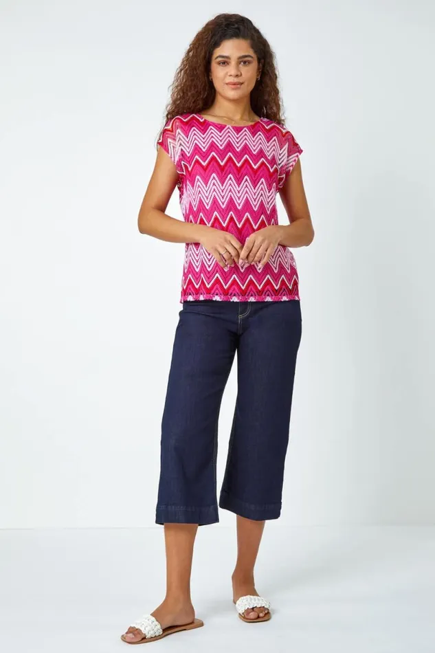 Pink Zig Zag Crochet Overlay Top Women Roman Tops