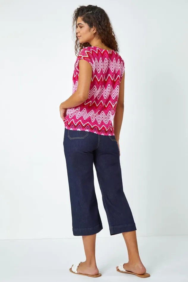 Pink Zig Zag Crochet Overlay Top Women Roman Tops