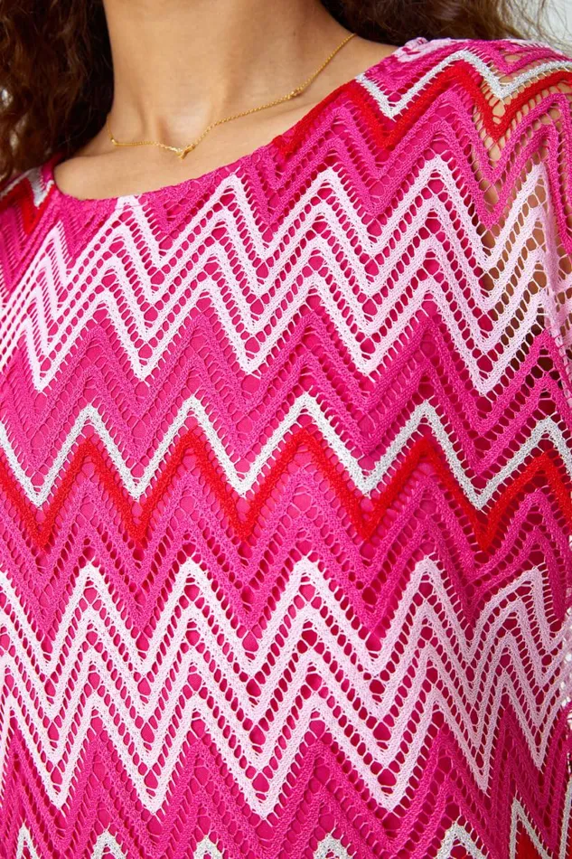 Pink Zig Zag Crochet Overlay Top Women Roman Tops