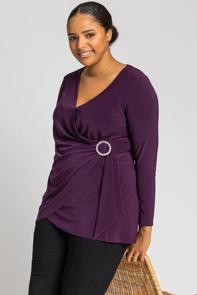 Plum Curve Wrap Diamante Buckle Top Women Roman Tops
