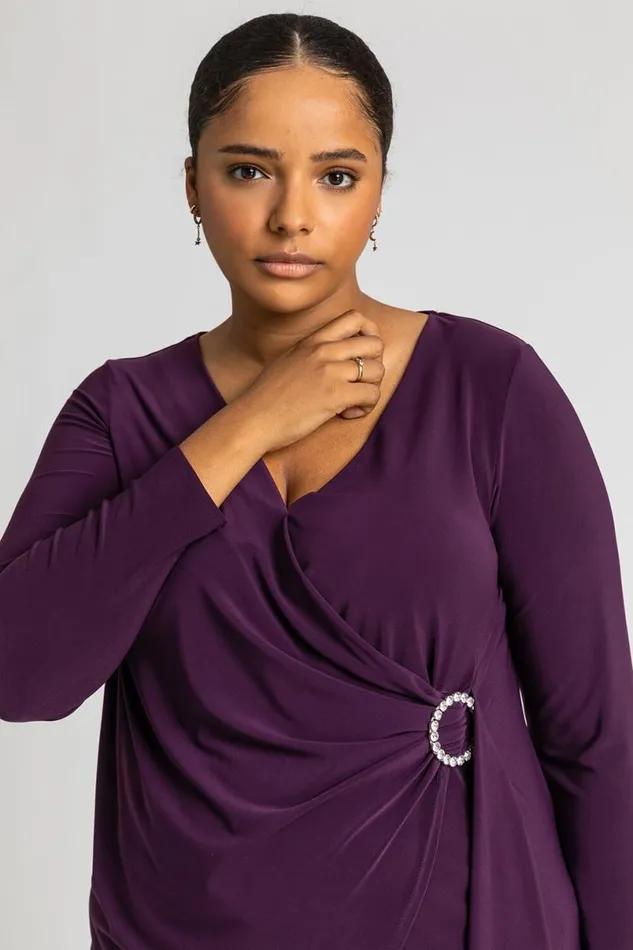 Plum Curve Wrap Diamante Buckle Top Women Roman Tops