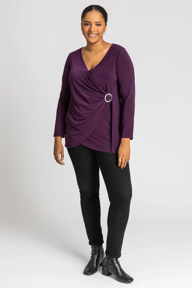 Plum Curve Wrap Diamante Buckle Top Women Roman Tops