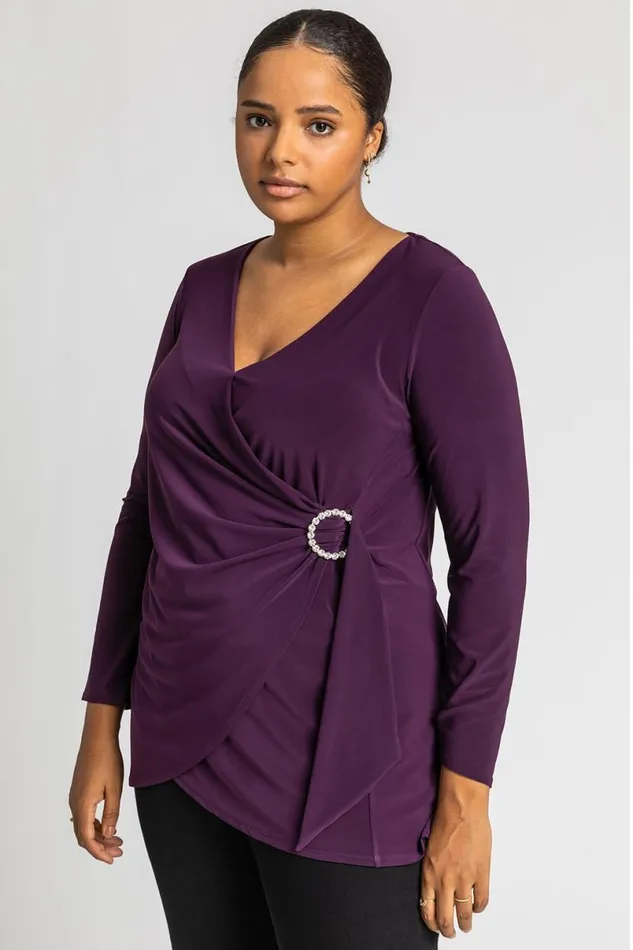 Plum Curve Wrap Diamante Buckle Top Women Roman Tops